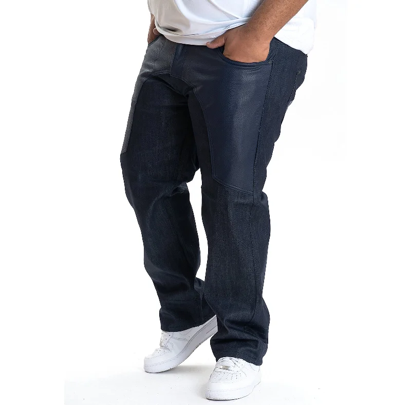 Trendy Slim Fit Pants-M1746 Cringe Retro Pants with PU Pockets - Indigo