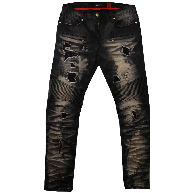 Custom Sports Pants-M1798 Makobi Biker Jeans with Blasting & Repair Stitching - Black Wash