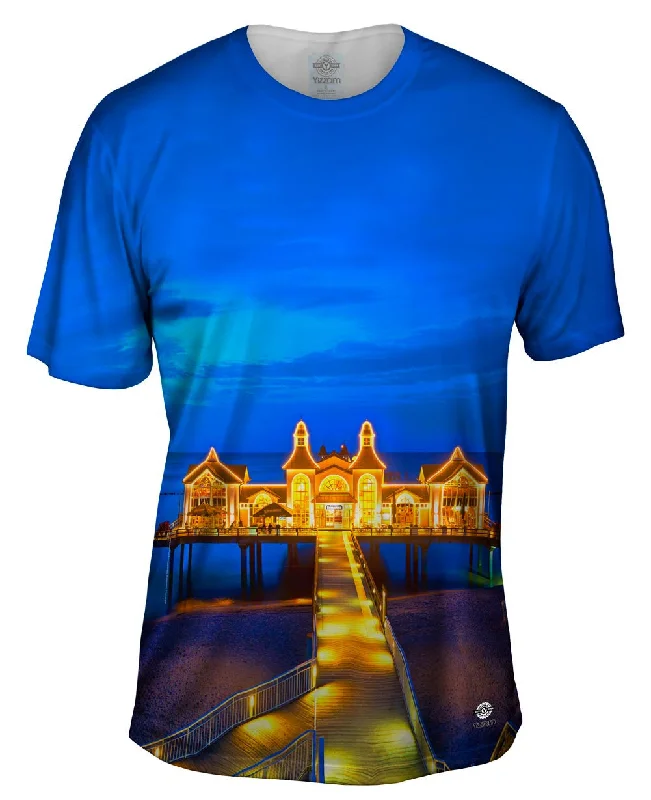 Comfortable Fitted T-Shirt-Seebrucke Lights A Glow Blue Sunset