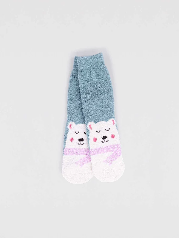 Stylish Colorful Socks-Billie Recycled Polyester Baby Animal Fluffy Sock - Eucalyptus Blue