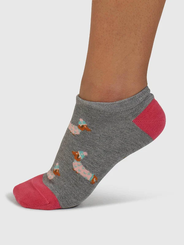 Comfortable Soft Cotton Socks-Freda Dachshund Organic Cotton Trainer Socks - Mid Grey Marle