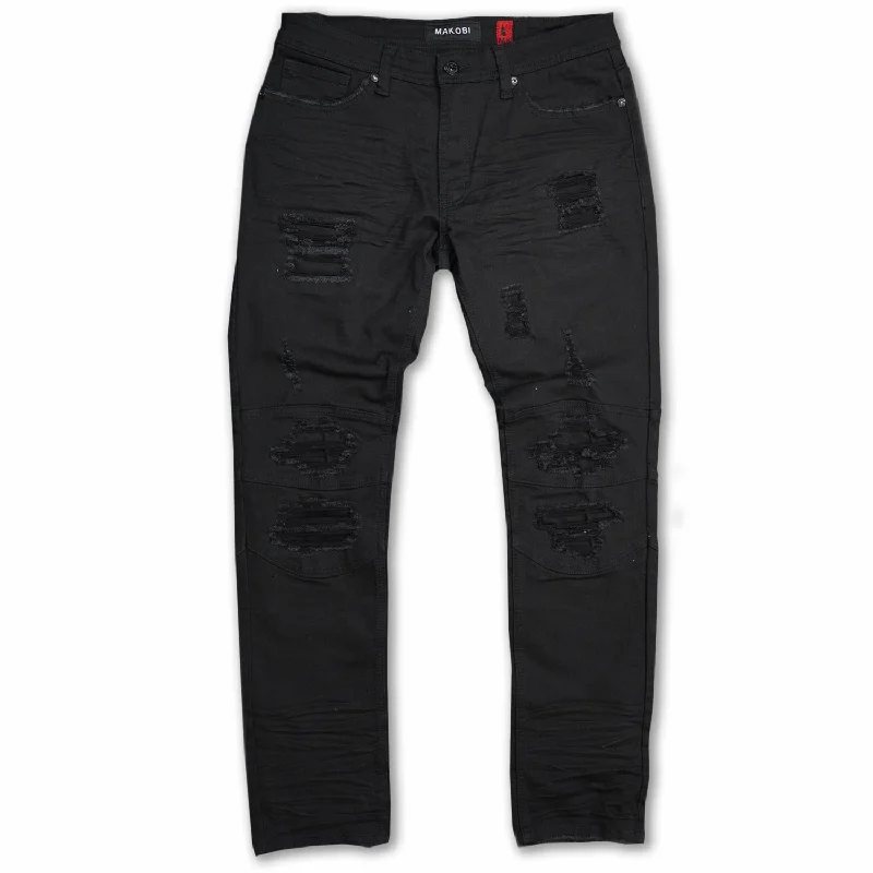 Trendy Utility Pants-M1749 Makobi Sanded Biker Jeans with Rip & Repair- Black/Black