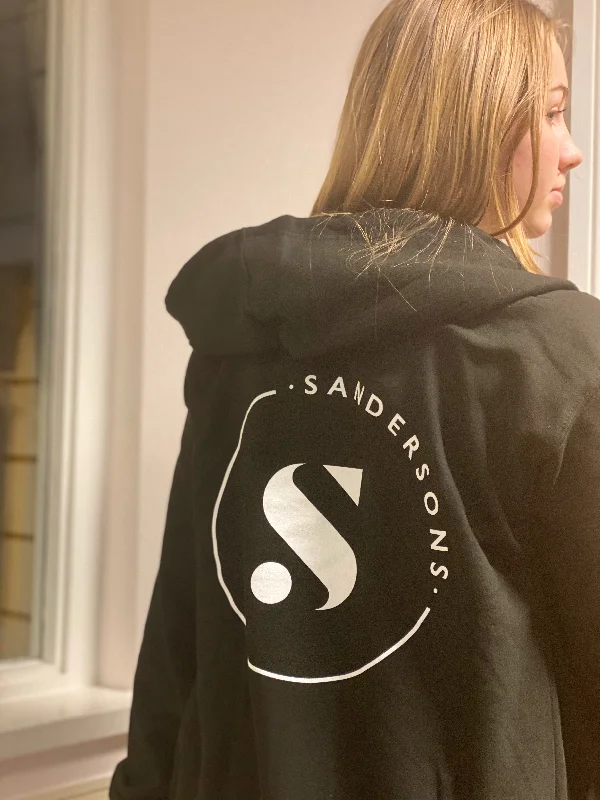 Custom Embroidered Logo Hoodie-ADULTS BLACK SANDERSONS ZIPPED HOODIES WITH WHITE LOGO ON FRONT & BACK