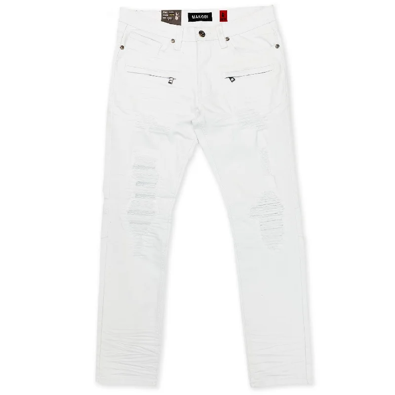 Custom Embroidered Pants-M1771 Makobi Petani Shredded Jeans With Bleach Spots - White