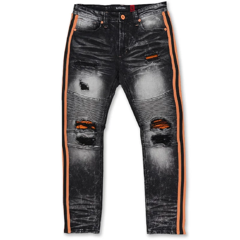 Trendy Waterproof Pants-M1986 Ozarks Shredded Jeans w/ Side Tapes - Black/Peach