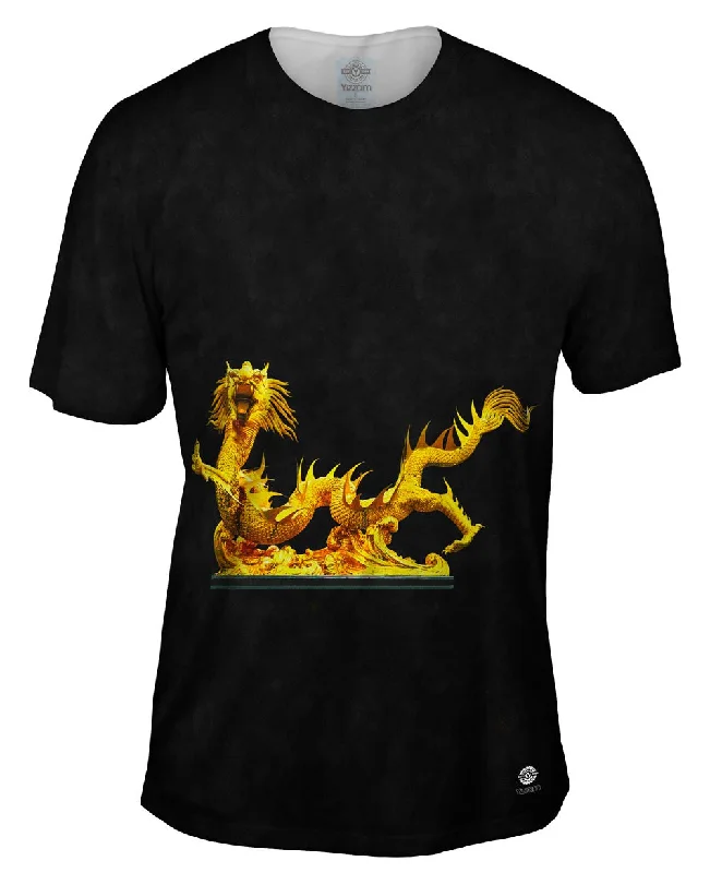 Stylish V-Neck T-Shirt-Golden Dragon Broncefigur Gold