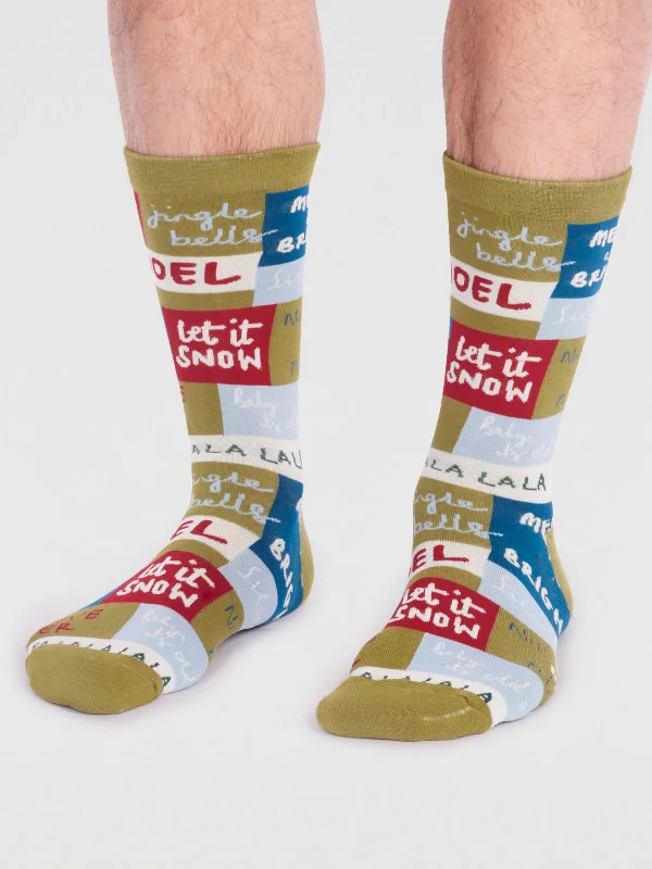 Classic Solid Socks-Caleb Organic Cotton Christmas Slogan Socks - Lichen Green