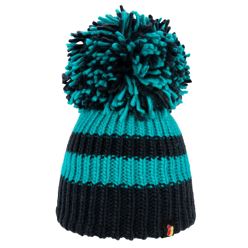 Comfortable Wool Cap-Navy and Jade Big Bobble Hat