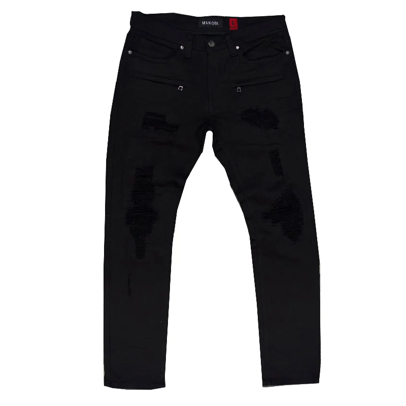 Stylish Work Pants-M1771 Makobi Petani Shredded Jeans With Bleach Spots - Black/Black