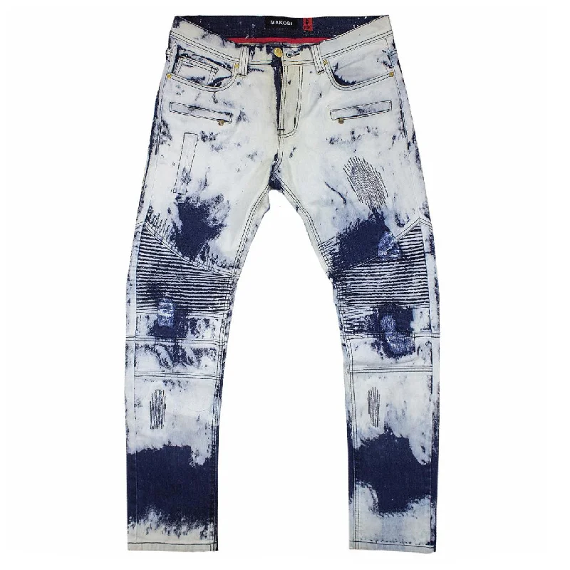 Premium Slim Fit Joggers-M1764 Makobi Shredded Biker Tie Dye Jeans - Ice Wash