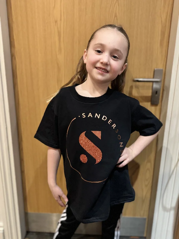 Stylish Hoodie with Pockets-KIDS & ADULT SIZES BLACK SANDERSONS T SHIRT WITH METALLIC COPPER & ORANGE GLITTER