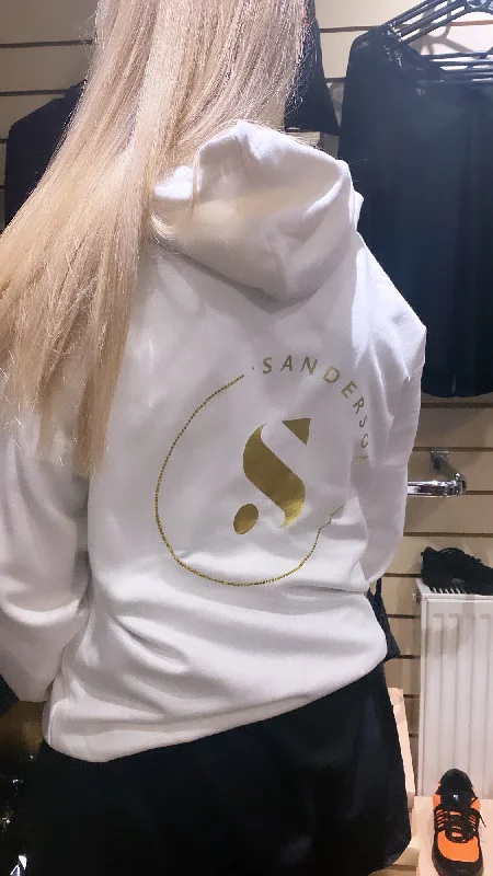 Trendy Plain Hoodie-ADULT WHITE SANDERSONS PULLOVER HOODIE BY AXZNT WITH METALLIC GOLD BADGE PRINT AND LARGE GOLD PRINT & STONES