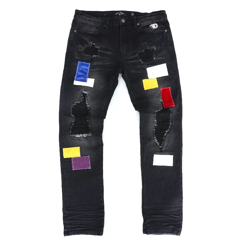 Premium Stretch Pants-F1715 Frost Patchwork Denim Shredded Jeans - Black Wash