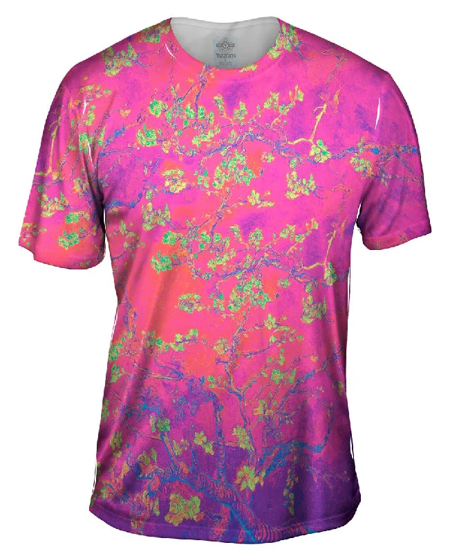 Comfortable Long Sleeve T-Shirt-Pop Art - "Van Gogh Blossoming Hot Pink Yellow" (1890)