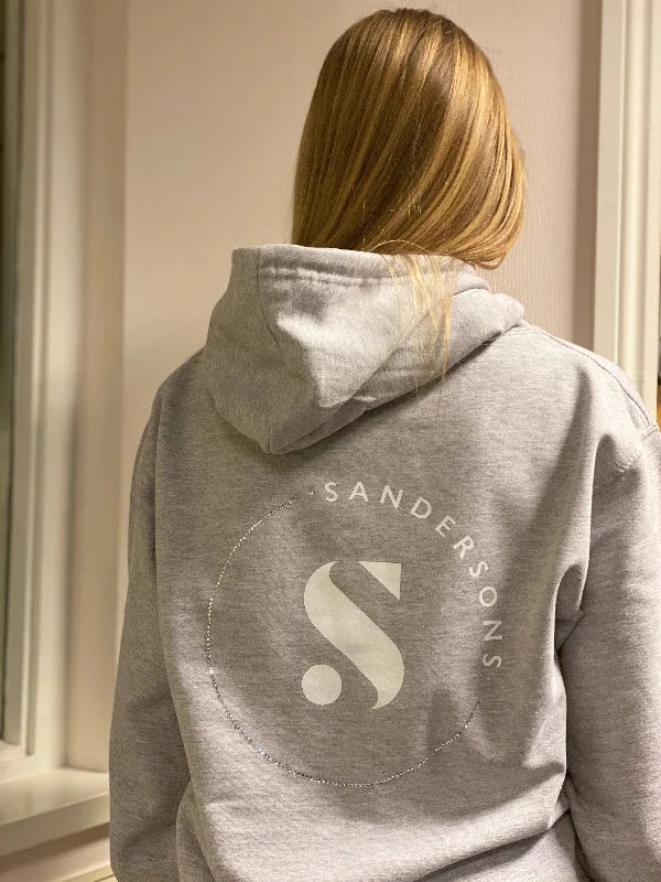 Soft Stretch Fit Hoodie-ADULT GREY SANDERSONS PULLOVER HOODIE BY AXZNT WITH WHITE BADGE PRINT AND LARGE WHITE/ SILVER PRINT & STONES