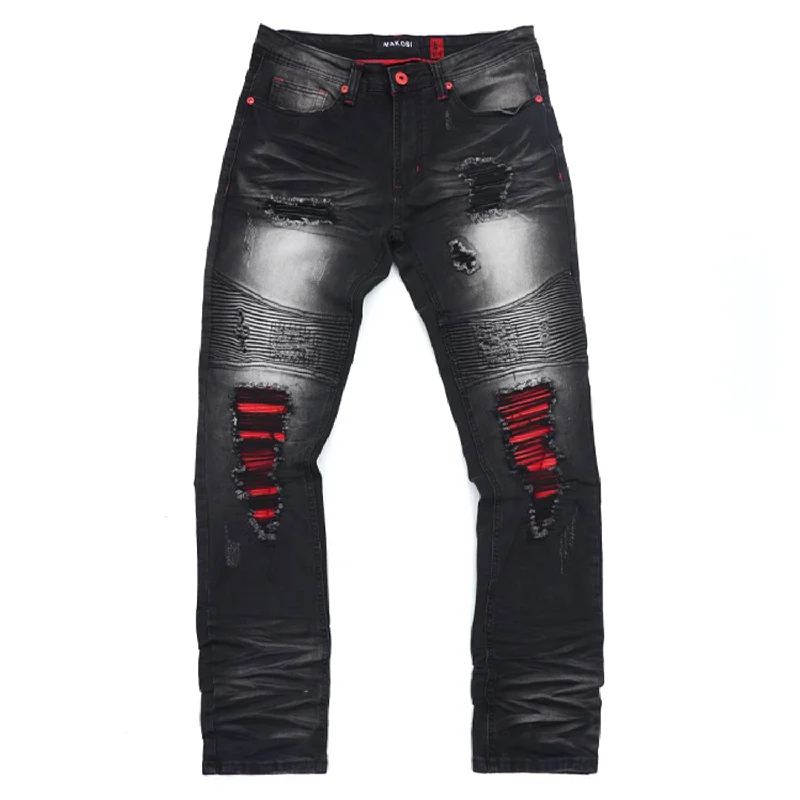 Premium Jogger Pants-M1940 Naxos Biker Jeans- Black Wash/Red