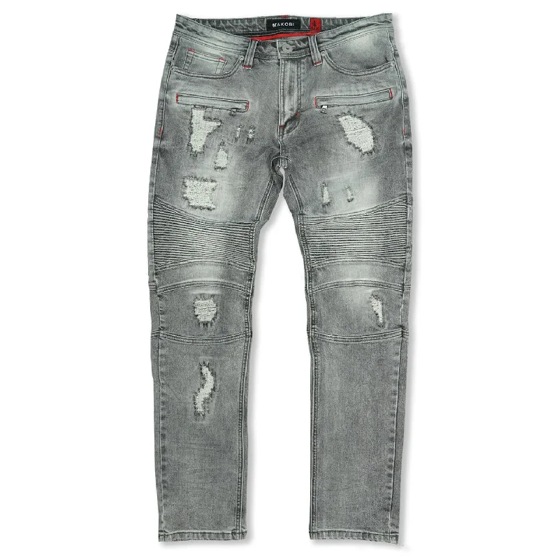 Comfortable Designer Joggers-M1786 Makobi Prado Biker Jeans with Rip & Repair - Gray