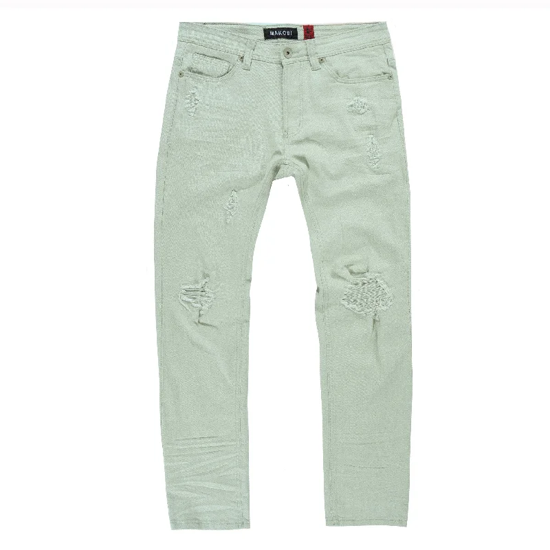 Premium Bootcut Jeans-M1932 Makobi Brighton Shredded Twill Jeans - Light Olive