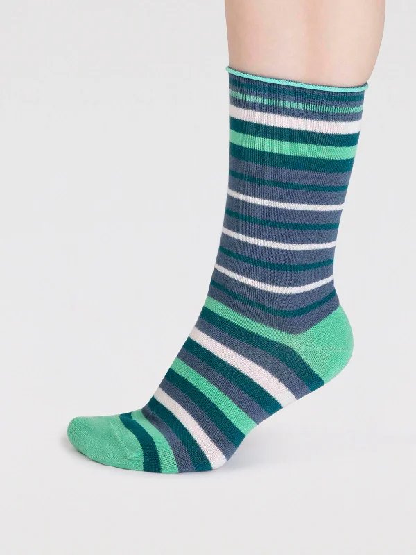 Comfortable Casual Cotton Socks-Lucia Bamboo Stripe Socks - Misty Blue