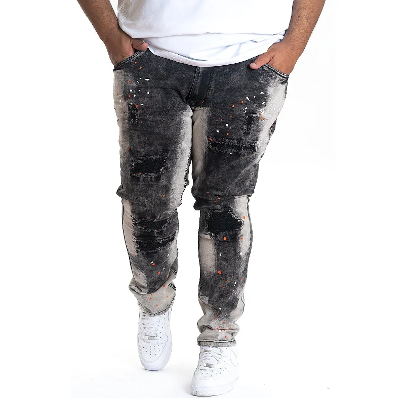 Stylish Cargo Pants-M1725 Shredded Denim Jeans with Paint Splashes - Black