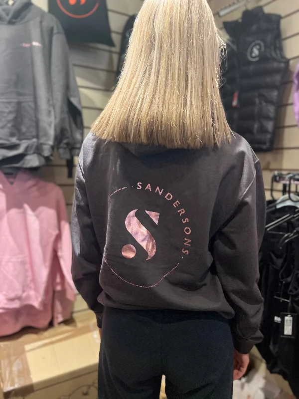 Stylish Padded Hoodie-KIDS & ADULT SIZES STORM GREY SANDERSONS PULLOVER HOODIE BY AXZNT WITH METALLIC ROSE GOLD BADGE PRINT AND LARGE METALLIC ROSE GOLD PRINT & STONES