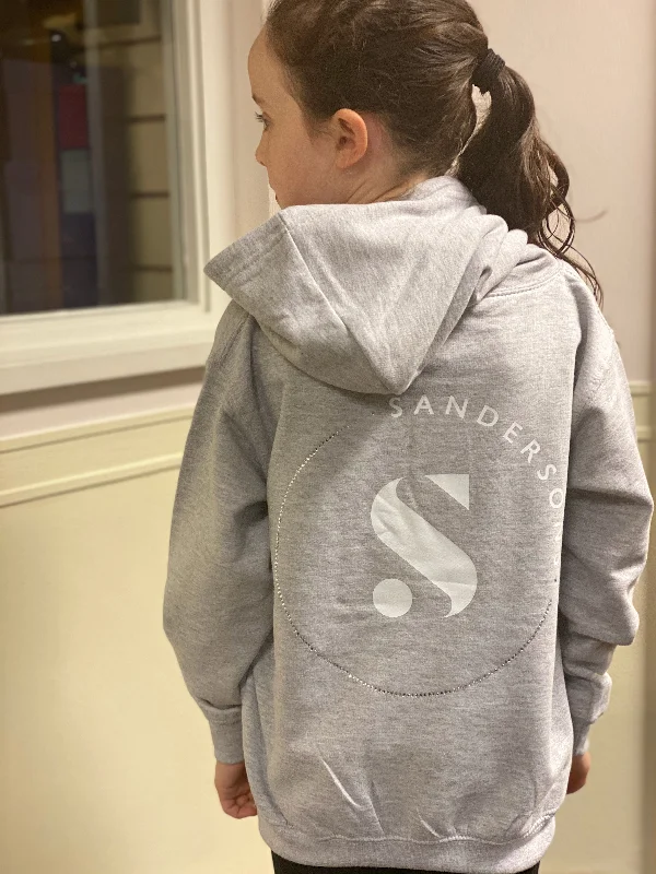 Premium Fitted Hoodie-KIDS GREY SANDERSONS PULLOVER HOODIE BY AXZNT WITH WHITE BADGE PRINT AND LARGE WHITE/ SILVER PRINT & STONES