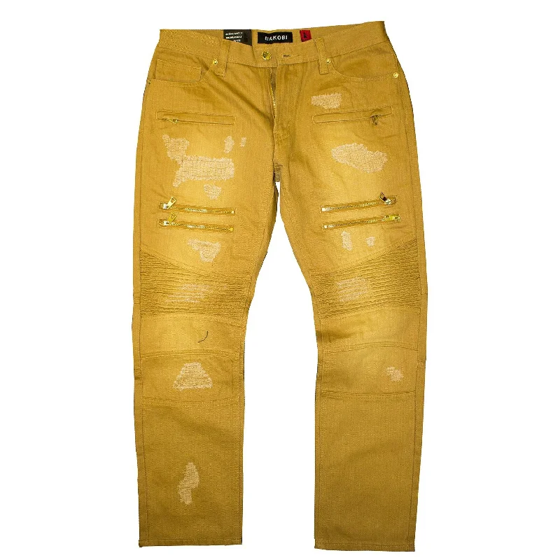 Comfortable Outdoor Joggers-M1741 Makobi Sanded Biker Jeans with Rip & Repair Stitches - Wheat