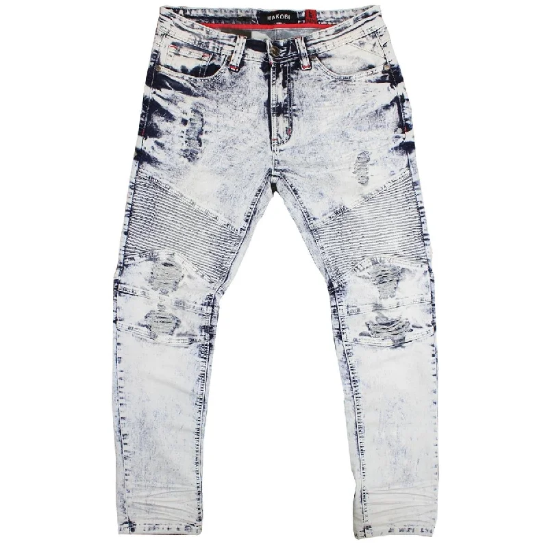 Stylish Drawstring Joggers-M1733 Biker Jeans With Bleach Spots - Light Wash