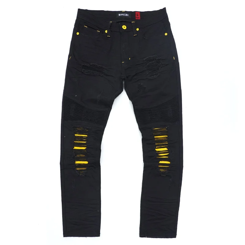 Trendy Slim Fit Pants-M1940 Naxos Biker Jeans- Black/Yellow