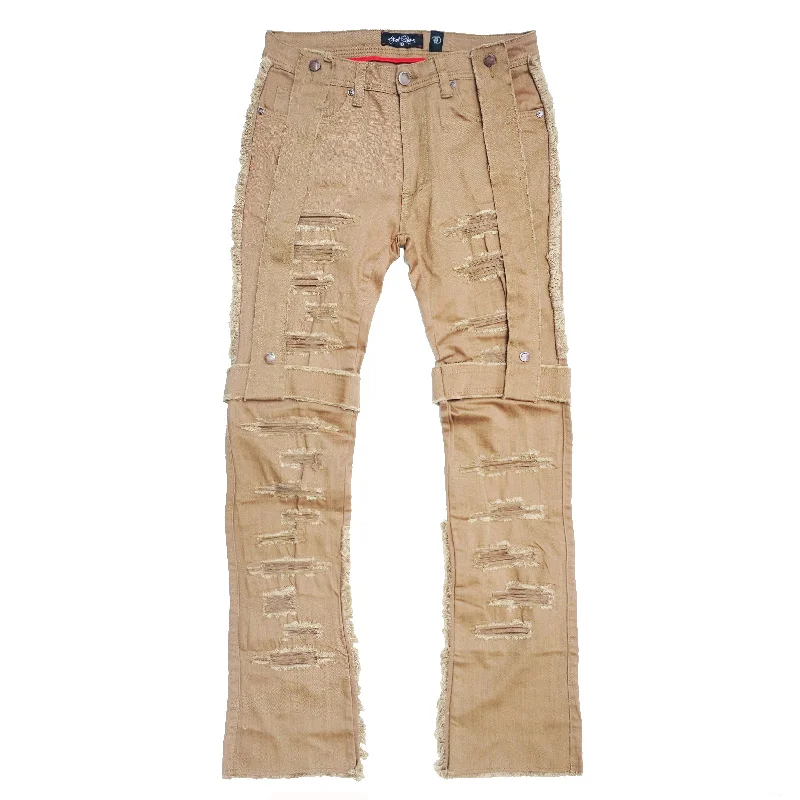 Classic Linen Pants-F1741 Frost Stack Jeans with Straps - Khaki