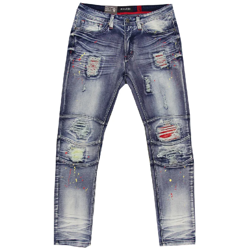 Trendy Denim Jeans-M1749 Makobi Sanded Biker Jeans with Rip & Repair - Dark Wash