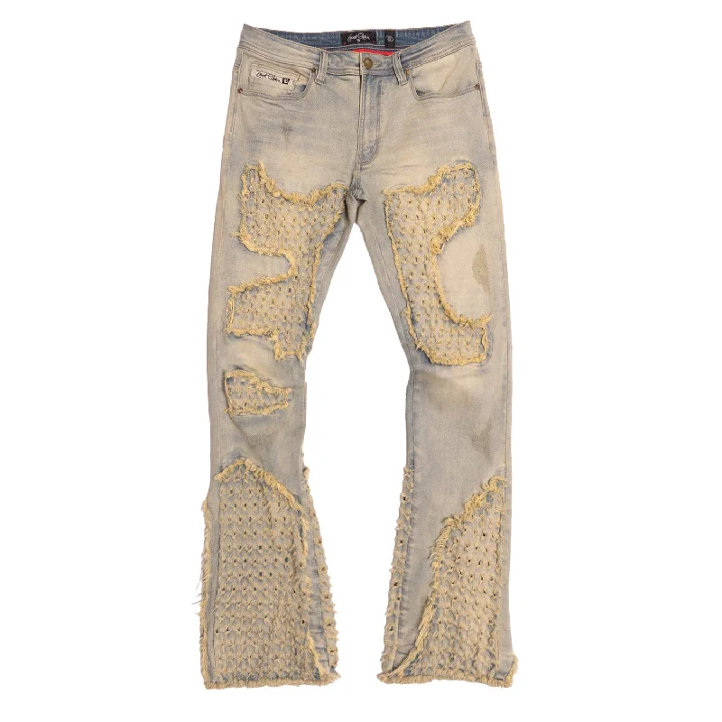 Trendy Denim Joggers-F1723 Tattered Denim Stacked  Jeans - Dirt