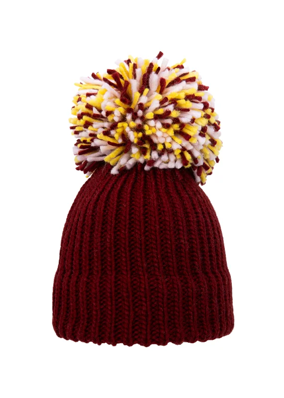 Custom Logo Hat-Burgundy, Yellow and White Big Bobble Hat