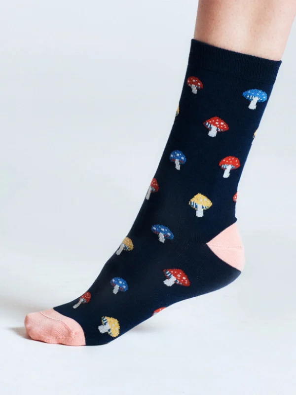 Comfortable Soft Merino Socks-Valeriana Mushroom Bamboo Socks - Navy