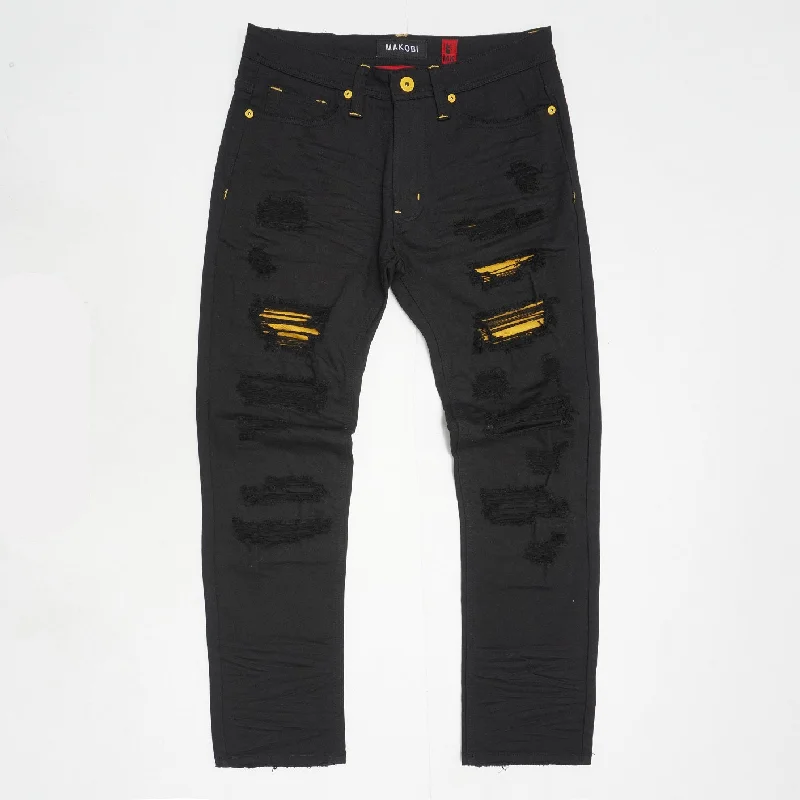 Premium Fitted Pants-M1773 Makobi Amalfi Denim Jeans W/ Underlay - Black Yellow