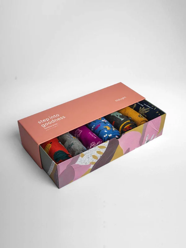 Relaxed Fit No-Show Socks-Ginney Patterned Bamboo 7 Pack Sock Gift Box - Multi