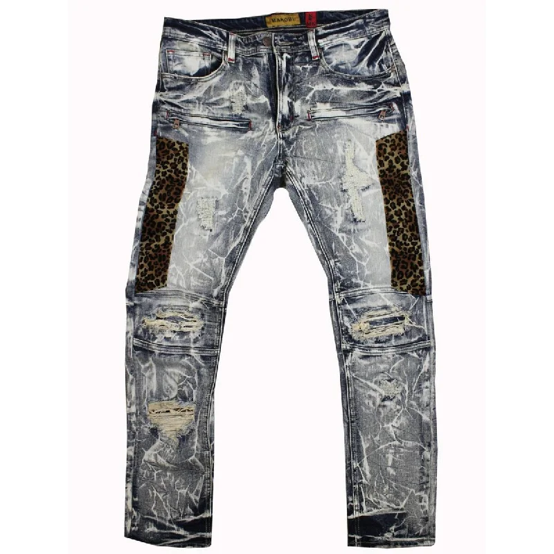 Comfortable Drawstring Pants-M1782 Ripped & Repair Jeans With Leopard Print Patch - Vintage