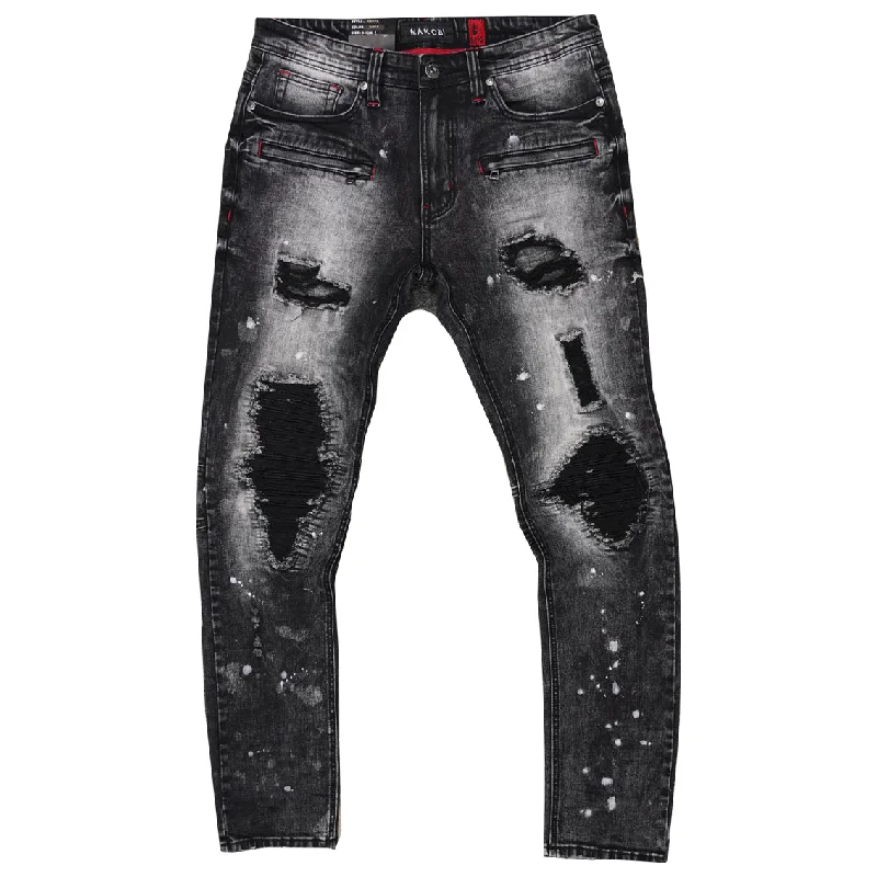 Classic Tapered Pants-M1771 Makobi Petani Shredded Jeans With Bleach Spots - Black Wash