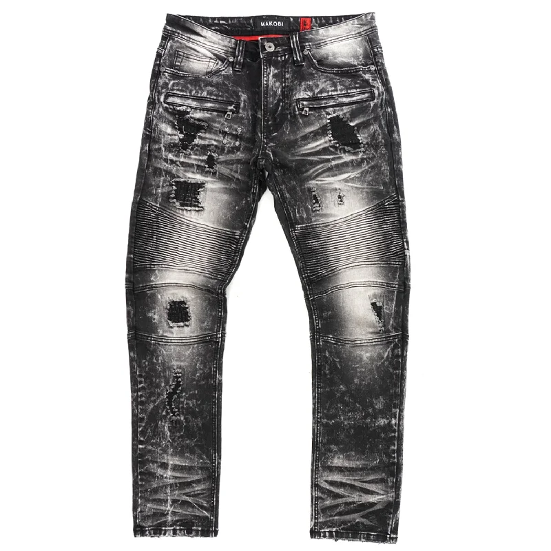 Stylish Fitted Cargo Pants-M1786 Makobi Prado Biker Jeans with Rip & Repair - Black Wash