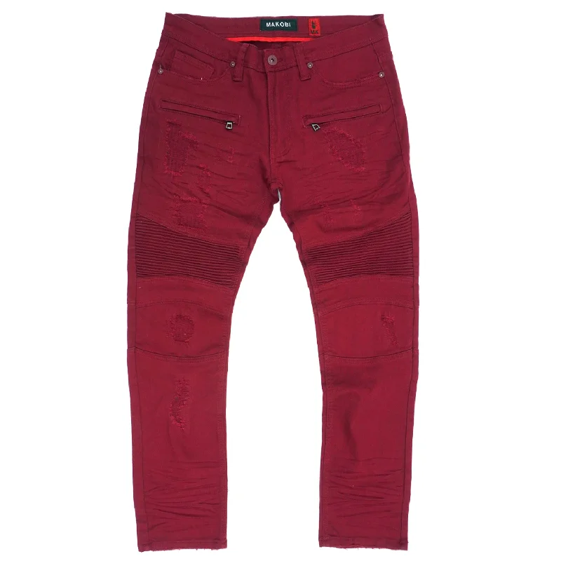 Stylish Chino Joggers-M1786 Makobi Prado Biker Jeans with Rip & Repair - Burgundy