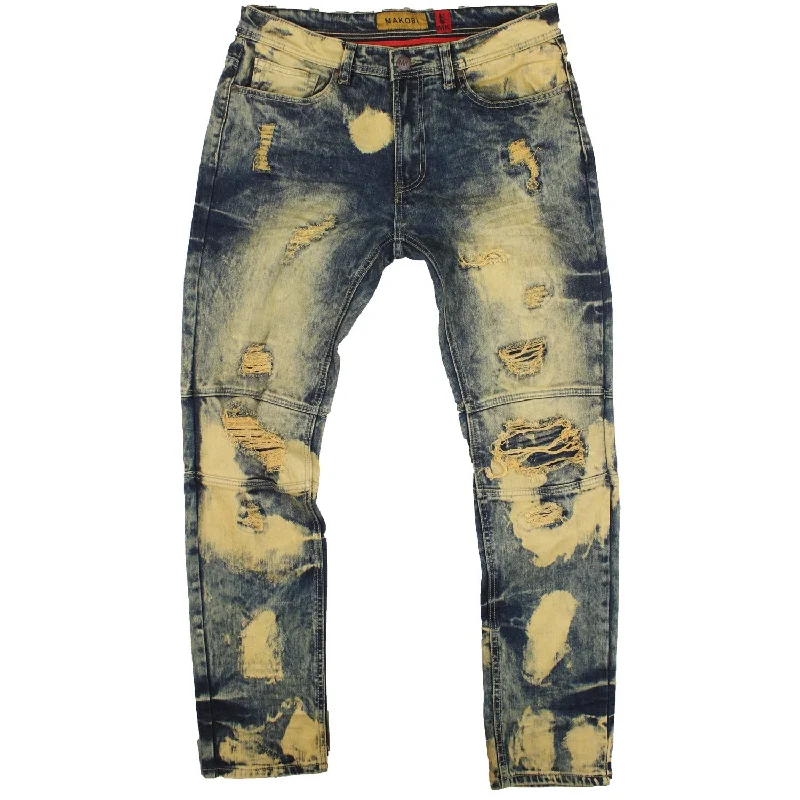 Comfortable Linen Joggers-M1784 Makobi Shredded Denim Jeans - Vintage Wash