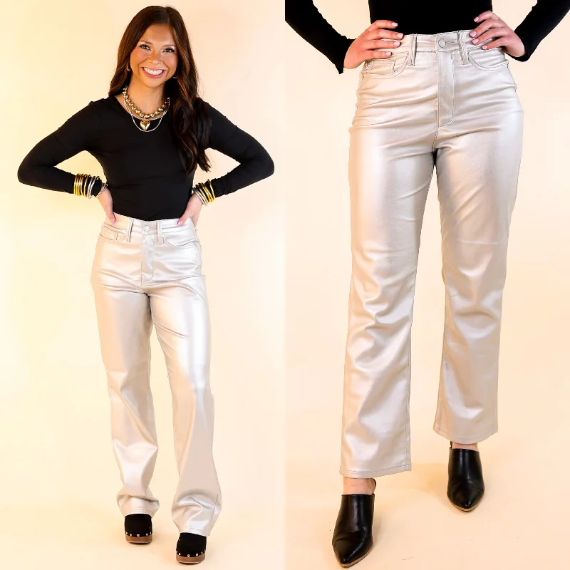 Trendy Denim Jeans-Judy Blue | Disco Diva High Waisted Tummy Control Faux Leather Straight Leg Pants in Metallic Silver