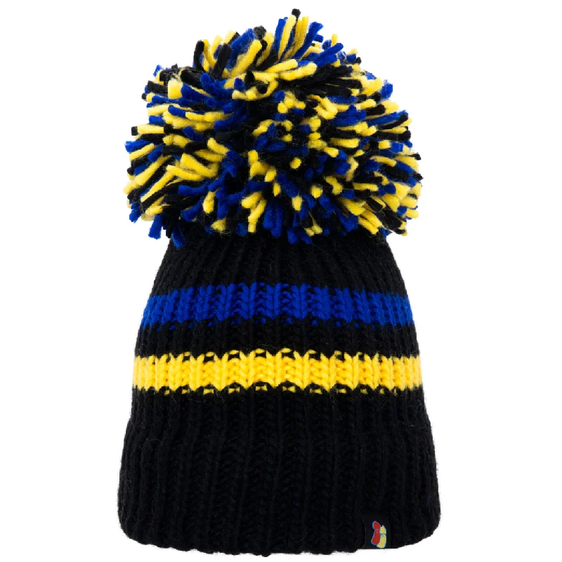 Soft Stretch Fit Hat-Black, Yellow and Blue Big Bobble Hat