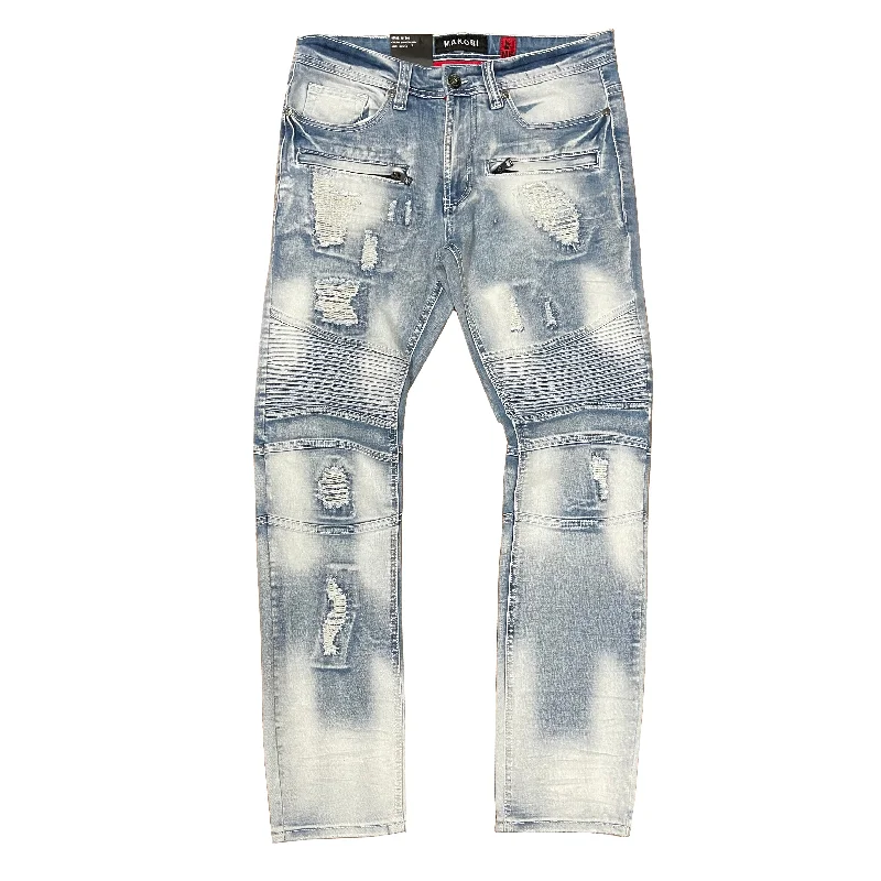 Trendy Waterproof Pants-M1786 Makobi Prado Biker Jeans with Rip & Repair - Light Wash (RECUT)