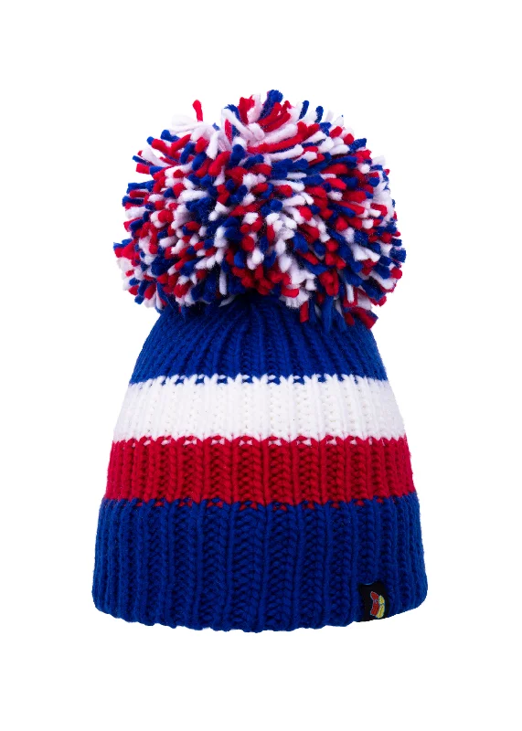 Stylish Knit Wool Hat-Blue, Red & White Big Bobble Hat