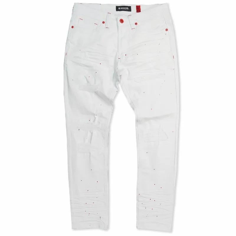 Comfortable Relaxed Fit Pants-M1725 Shredded Denim Jeans with Paint Splashes - White