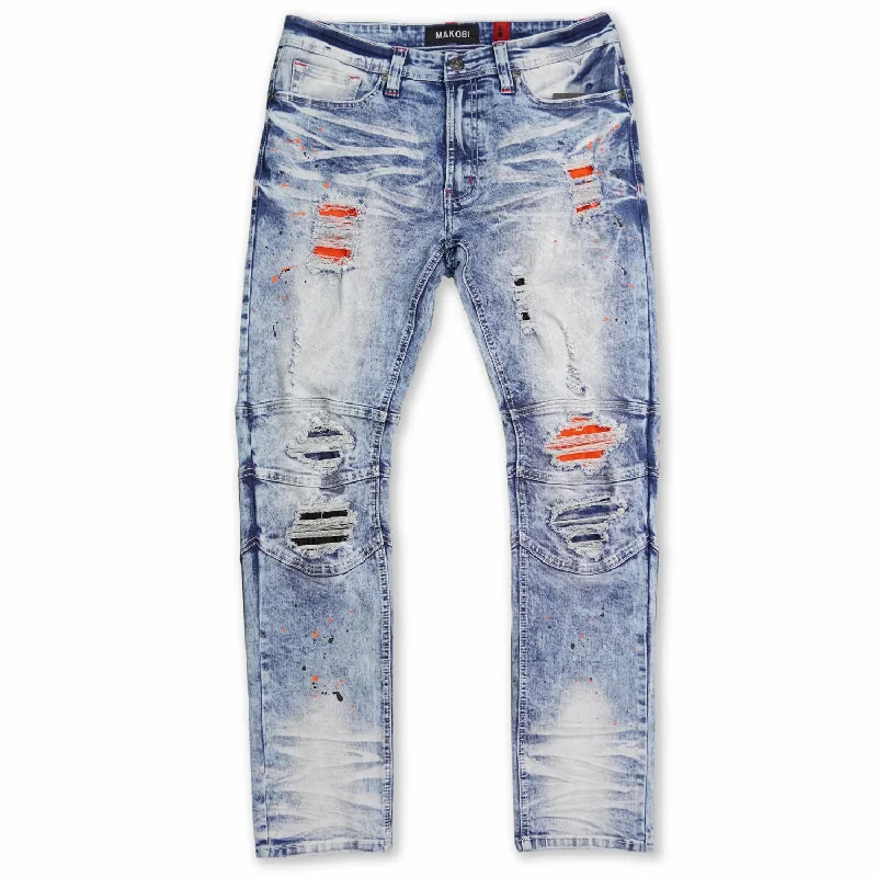 Comfortable High-Waisted Pants-M1749 Makobi Sanded Biker Jeans with Rip & Repair - Light Wash