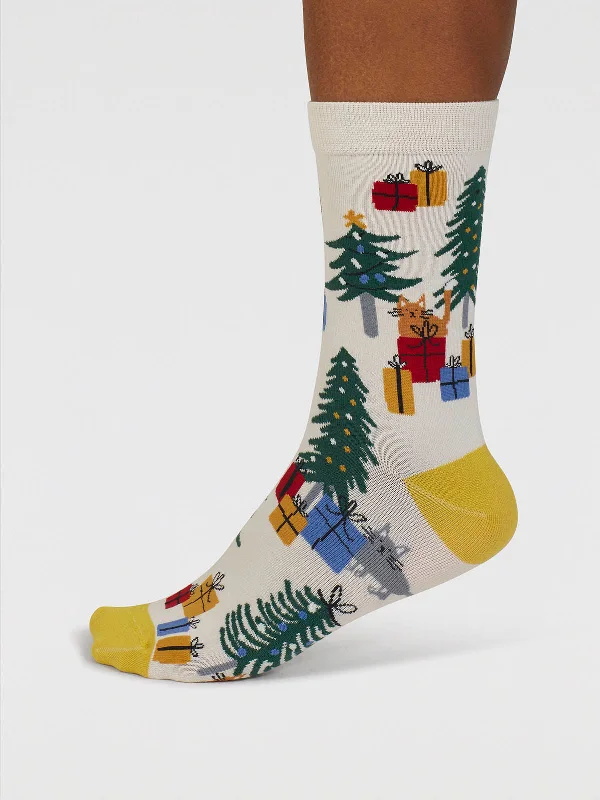 Custom Logo Socks-Jemila Christmas Organic Cotton Socks - Stone White