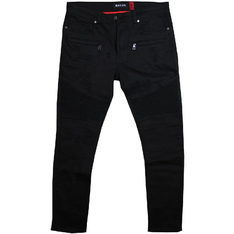 Stylish Casual Joggers-M1786 Makobi Prado Biker Jeans with Rip & Repair - Black/Black