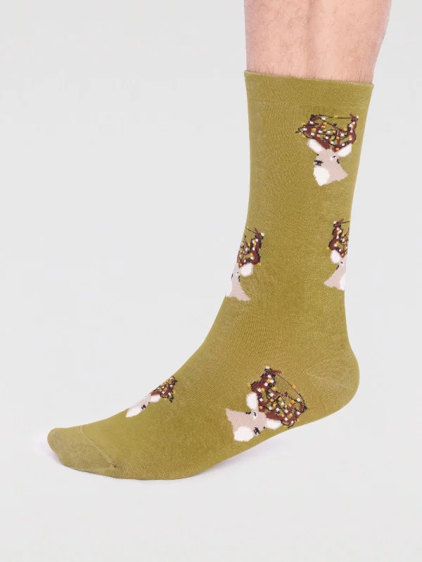 Stylish Dress Socks-Celyn Organic Cotton Christmas Stag Socks - Lichen Green